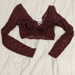 Forever 21 Wine Lace Long-Sleeve Crop Top